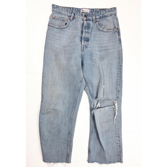 Zara High Rise Distressed Straight Fit Stone Wash Ankle Jeans Women's Size 6- 29 - Picture 1 of 6